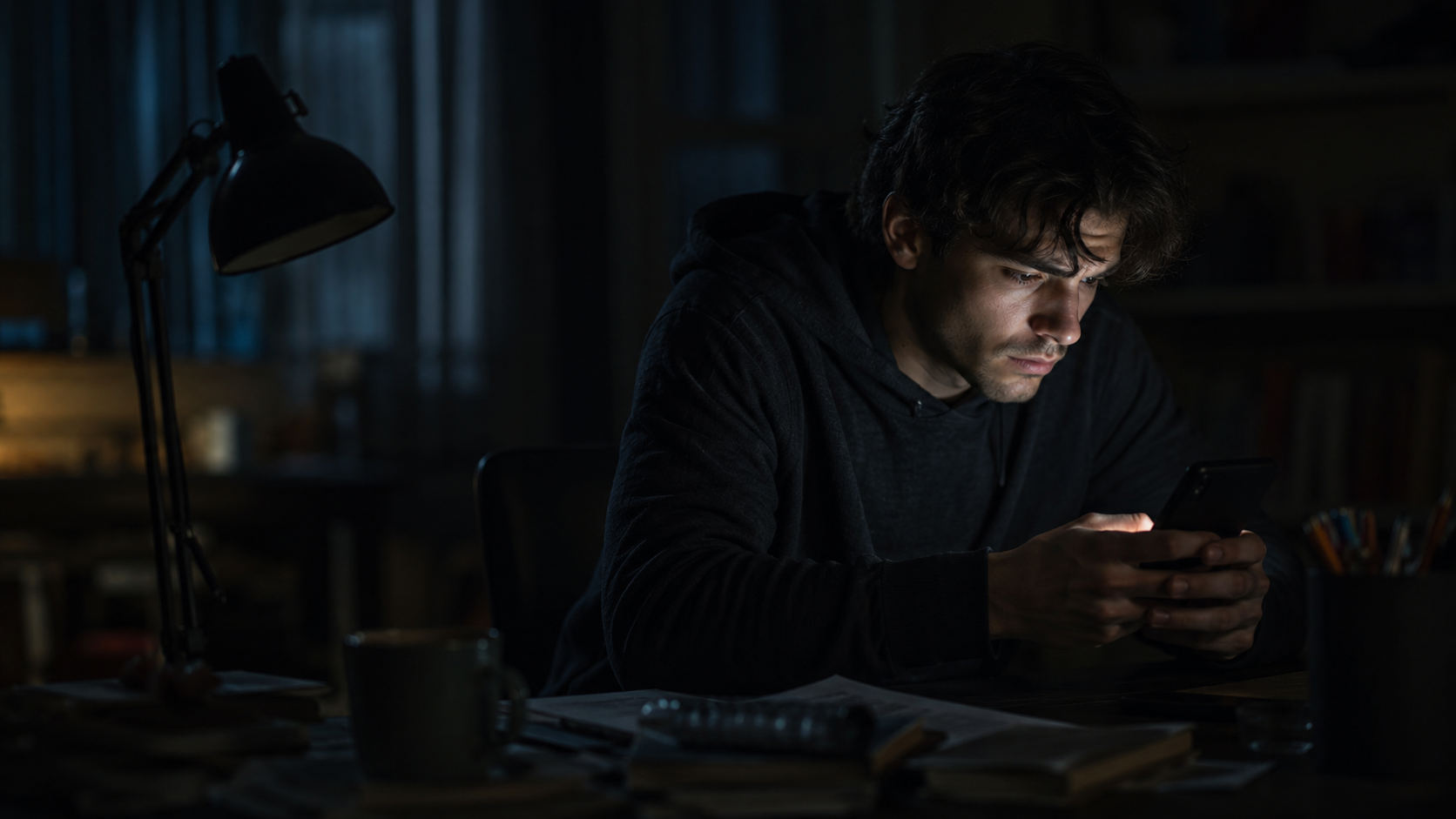 Uomo che aspetta disperatamente davanti al telefono, in una stanza buia